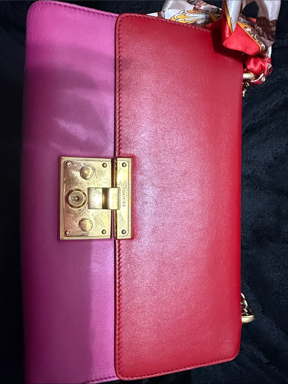 Pink and Red Gucci Shoulder Bag with Gold Hardware and bag scarf